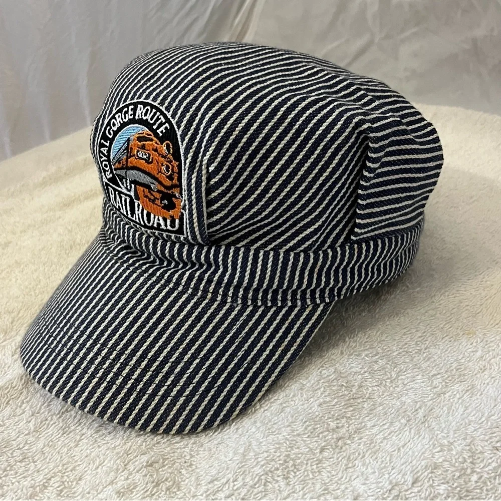Striped Conductor Hat with Royal Gorge Route Railroad Cap Embroidered Patch